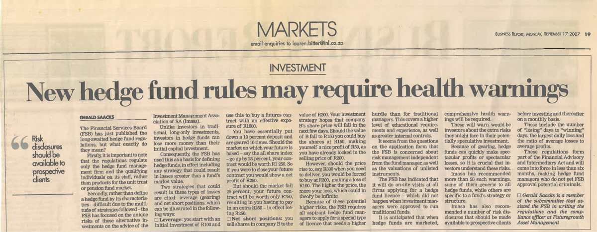 An image of a newspaper article written by Gerald Saacks about new hedge fund rules.